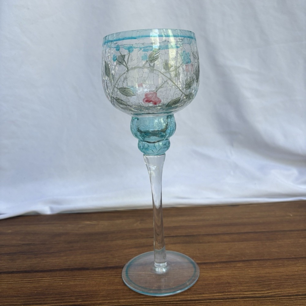 Crackle Glass Floral Goblet Candle Holder Hand Painted Blue Pink Stem